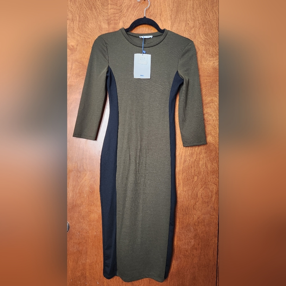 ZARA Olive Green/Black 3/4 Sleeve Colorblock Bodycon Midi Dress